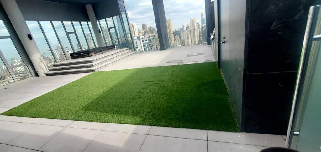 Finished artificial turf on a downtown Chicago high-rise terrace
